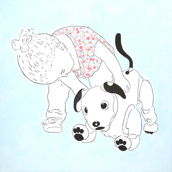 Catch the Future, [Girl and Robodog], Childhood Memories 2, Reiner Strasser 2019, ink and acrylic colour on canvas, 60*60 cm.